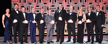 Mid Career Stellar Awardees. L to R: Kate Rubins (presenting), Robert A. Mase, Kenneth Utley, Richard R. Beckman, Charles V. Seal III, Kenneth J. Anderle, Jeffrey C. Bemis, Ronald K. Baccus, Carolyn Overmyer, Gary Lai, Kjell Lindgren (presenting)
